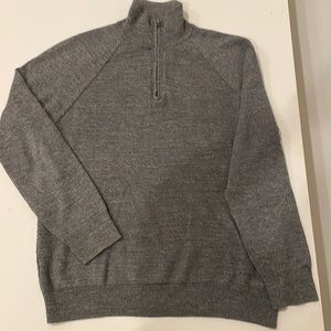 Men’s heather grey cotton turtleneck sweater, zip front neck, rib cuff, hem,neck